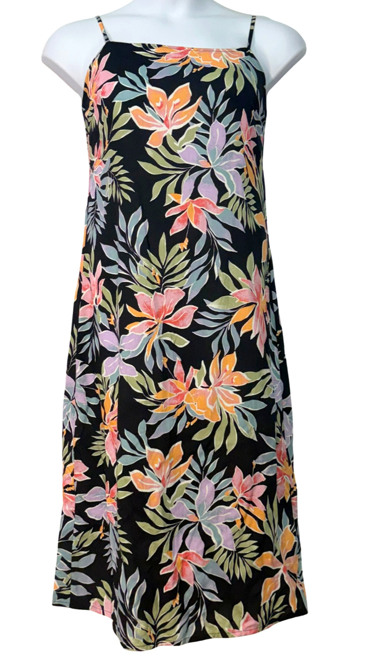 Billabong Sz M Golden Hour Maxi Slip Dress Back Slit Black Tropical Print New